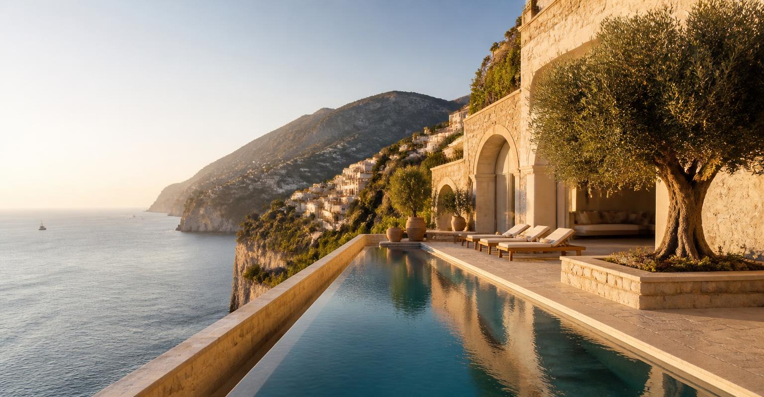 Cliffside hotel and infinity pool overlooking the Amalfi Coast