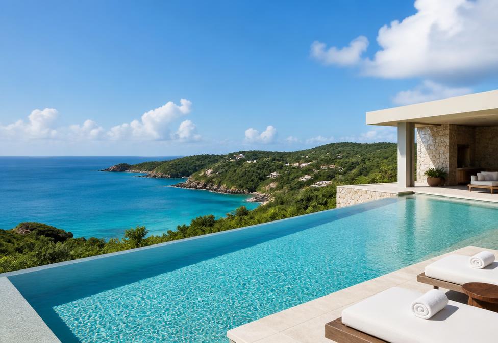 Infinity pool overlooking a Caribbean coastline